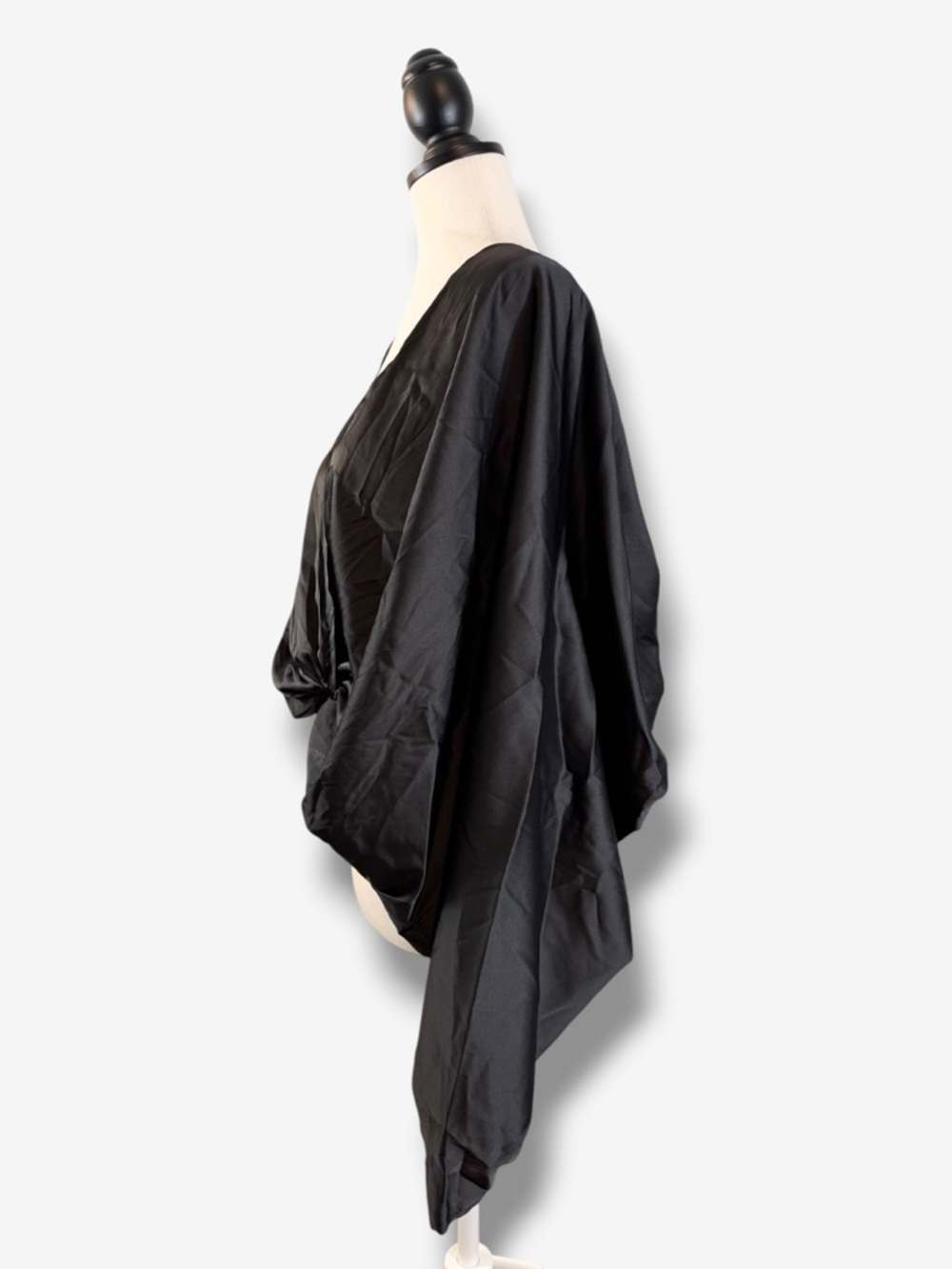 Black Satin Draped Open Back Blouse Size L Dolman Kimono Sleeve Minimalist Goth - Picture 6 of 12